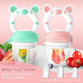 HAOBAOBEI Baby Fruit Feeder with with 2 Extra Teats, Toddler Eating Essentials, BPAFree Feeding Supplies, Silicone Fresh Food Feeder for Safe Infant Self Feeding (Bear- Blue Pink)