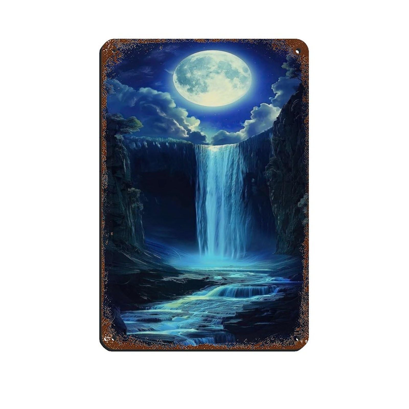 Lxwnze 20L X 30W Cm Moon Waterfall Modern Abstract Exquisite Poster Retro Poster Metal Tin Sign Chic Art Retro Iron Painting Bar People Cave Cafe Family Garage Poster Wall Decoration 8X12inch(20X30cm)