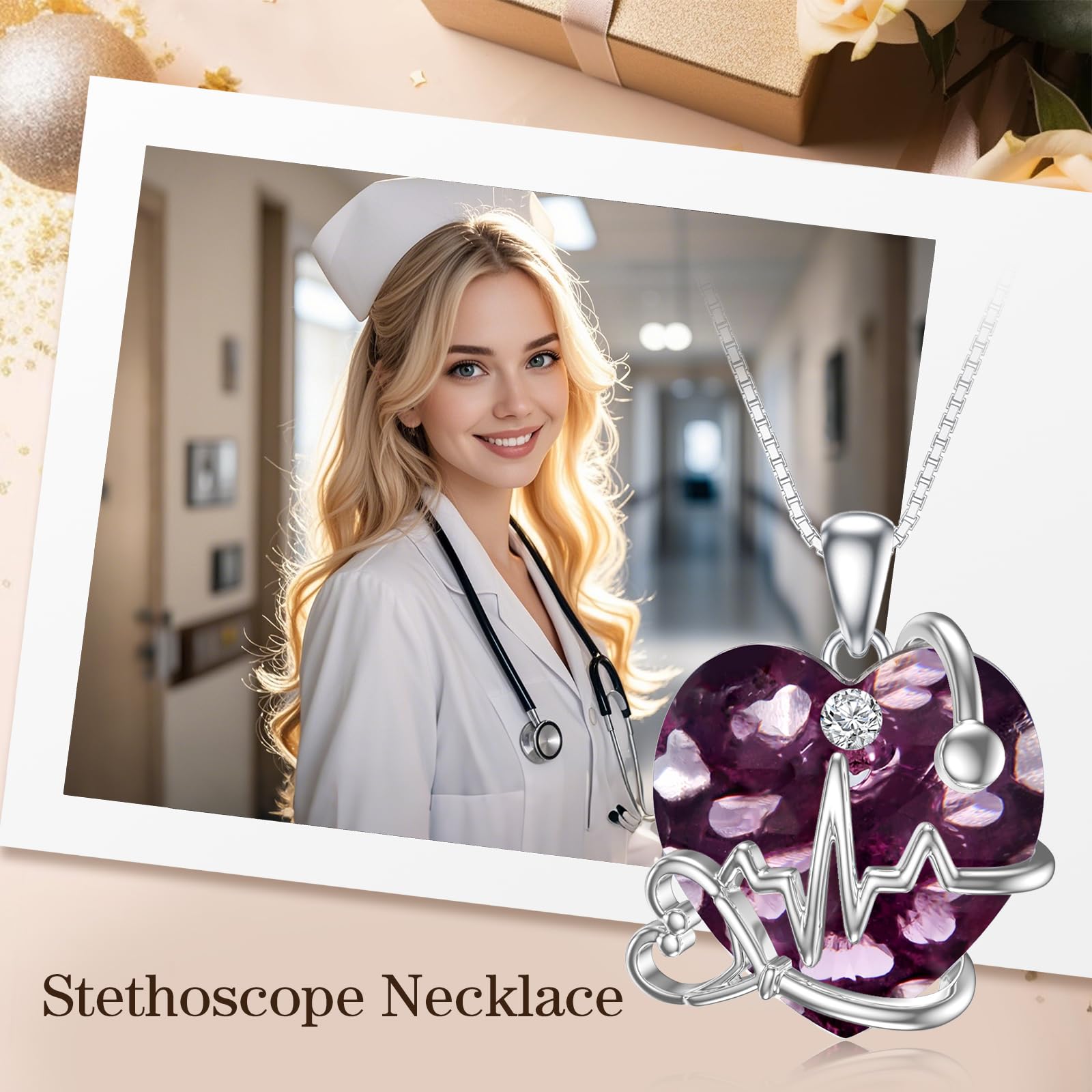 TOUPOP Collana da infermiera con stetoscopio da donna, idea regalo per donne in argento, regalo per studentessa, infermiera, laurea, compleanno, festa della mamma, Natale, Argento sterling