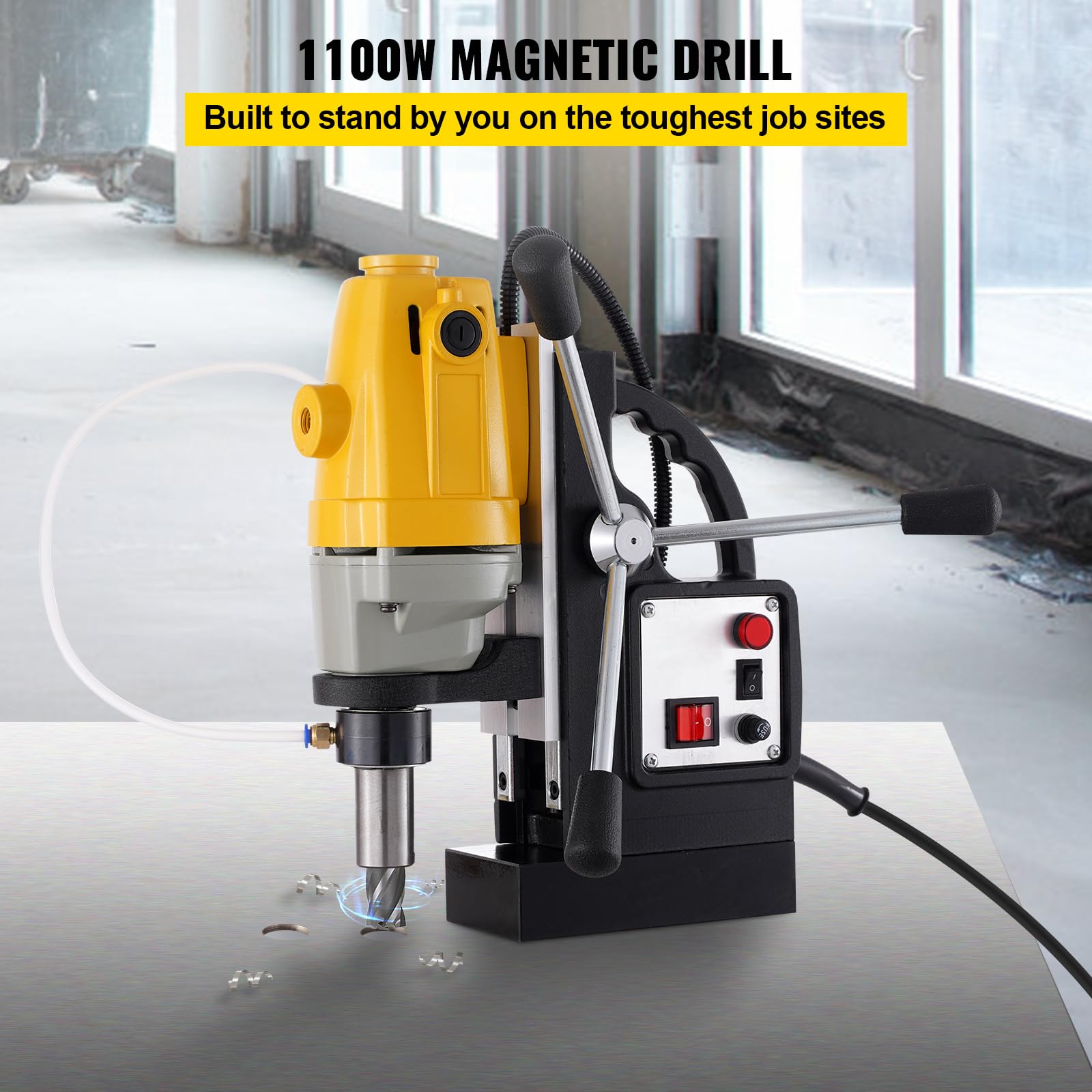 RICHRICH Taladro magnético 1100 W, diámetro de aleta de 1-1/2 pulgadas (40 mm), taladro de columna magnética MD40, 12000 N, 670 rpm, con 6 fresas anulares HSS, sistema de perforación, construcción