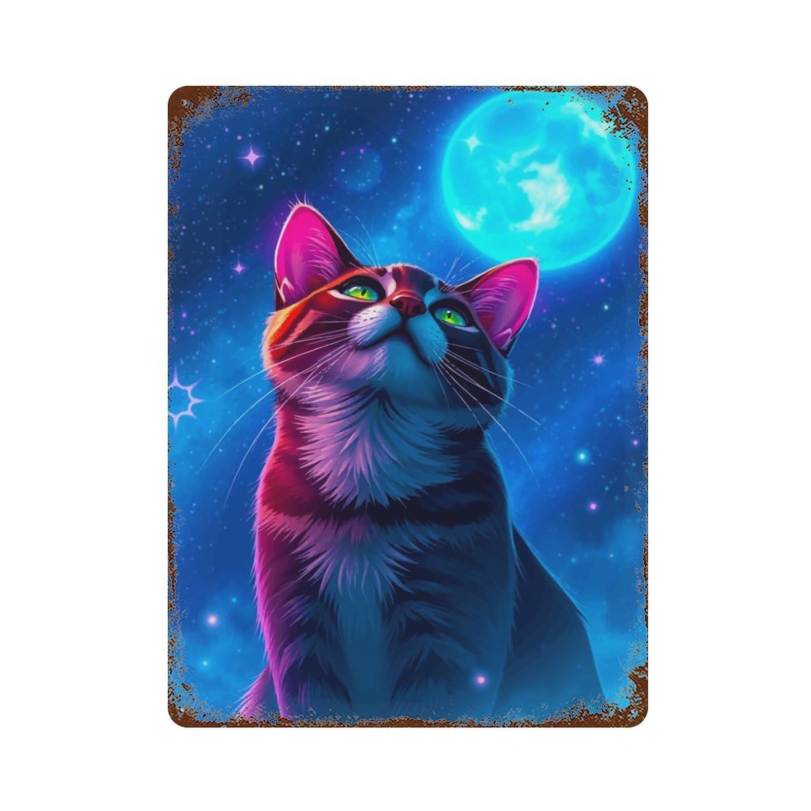 Cat Gazing at The Moon Rust Effect Tin Sign 15.7"x11.8", Ideal for Farmhouse, Kitchen And Entryway Decor
