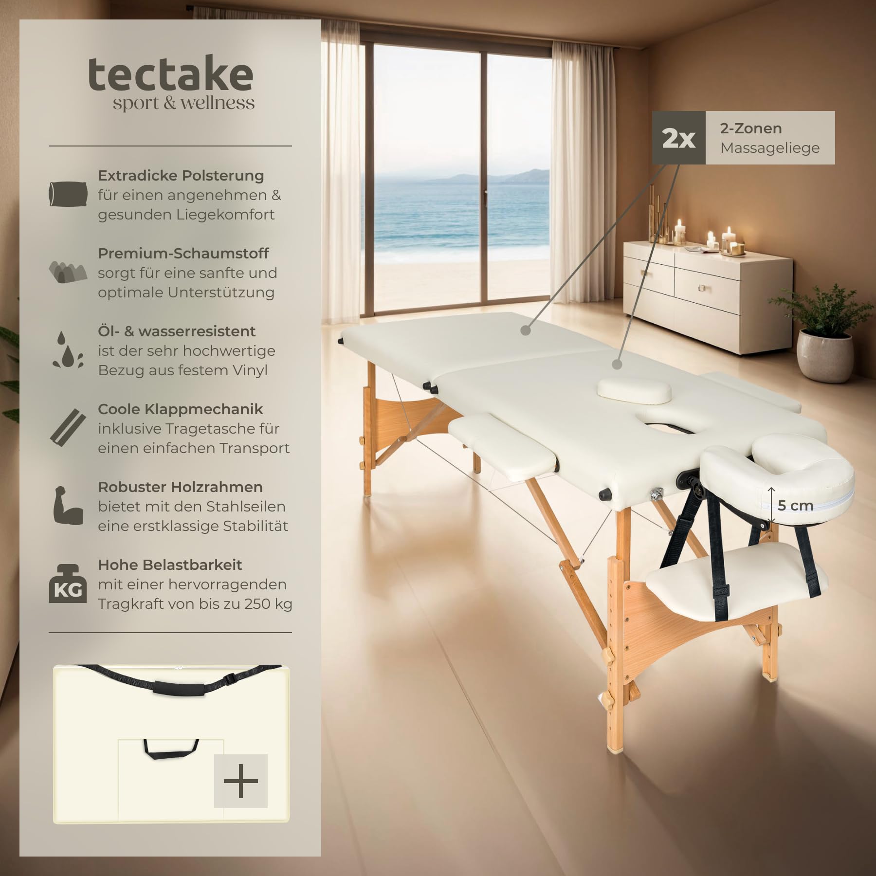 tectake® Massageliege klappbar mit 2 Zonen, Massagetisch tragbar mit 5cm Polsterung, höhenverstellbare, Mobile Massageliege, Massagebank mit Holzfüßen und Zubehör Tragetasche - beige