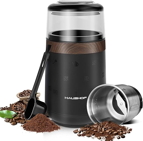 HAUSHOF - Molinillo de café eléctrico, diseño de un solo toque, especias, hierbas, molinillo para especias y semillas en grano de café, con 1 cuenco