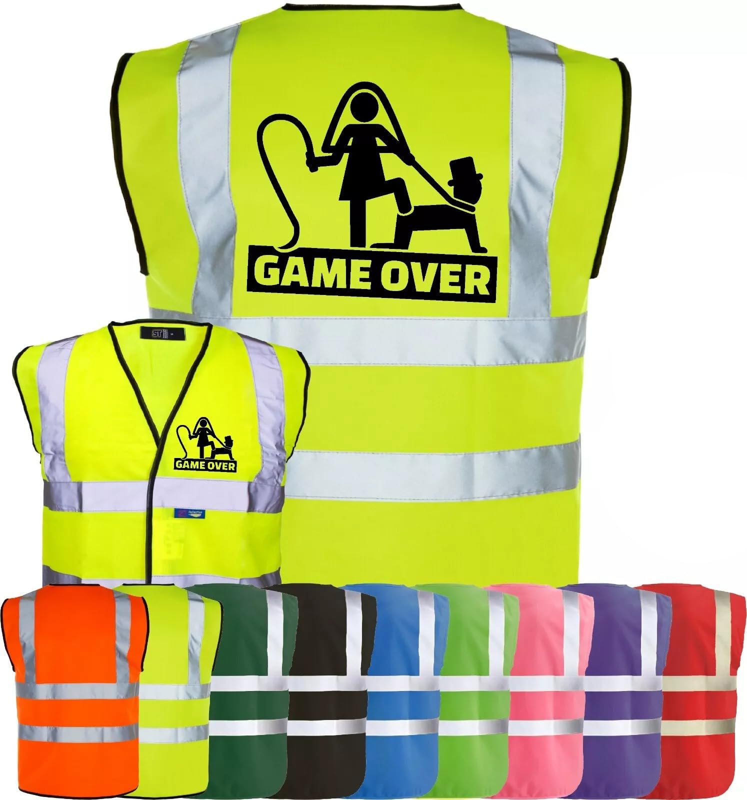 Corporate Togs GAME OVER Funny Hi Vis Vest, Stag Do Party Wedding Groom Printed Vest, Reflective Trim, Fully EN471 Health & Safety Compliant Gear, Small-XXXL | Safety Vests