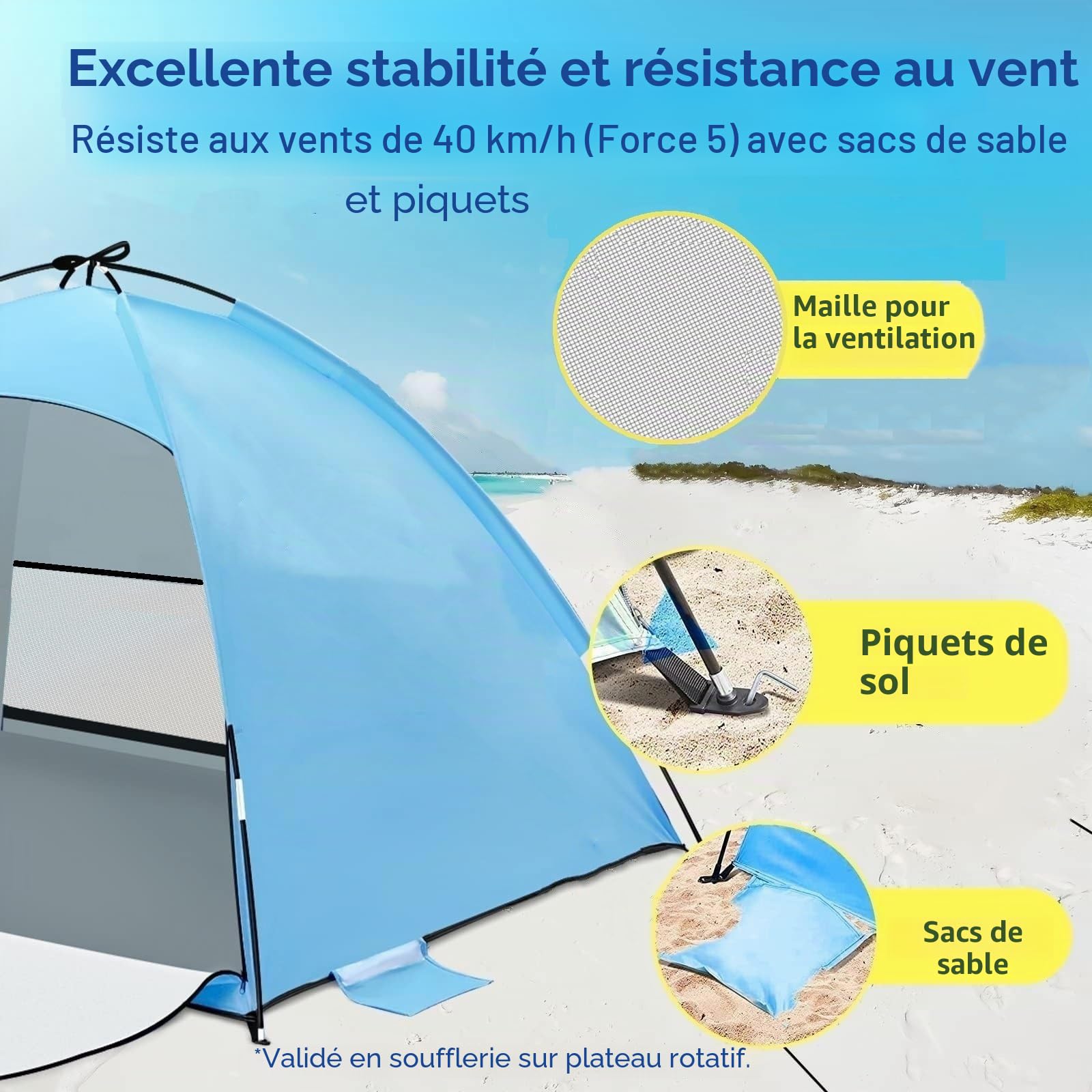 Tente de Plage Anti-UV 50+, Portable Abris de Plage pour 3-4 Personnes, Contre Le Vent, Tente Plage Famille avec Sac de Transport