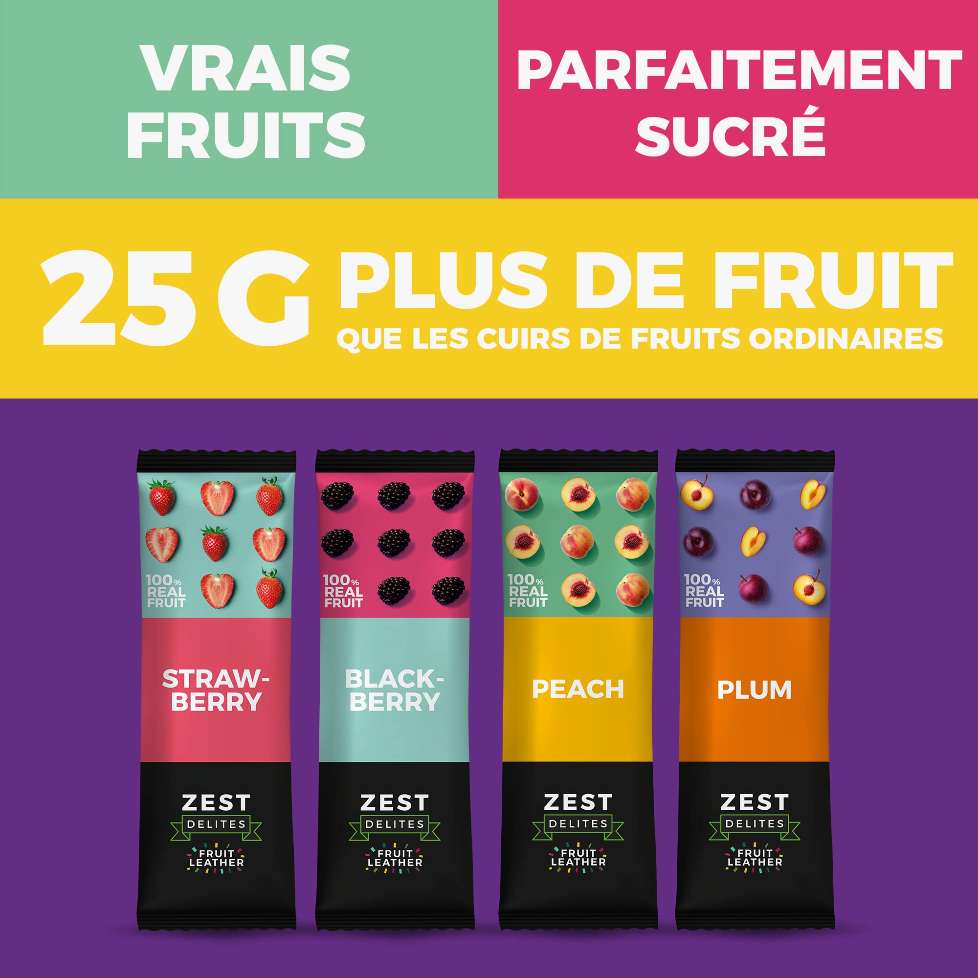 Zest Delites Fruits Secs, Pate de Fruit, Collations Sans Gluten, Bonbons Aux Fruits Végétaliens, Collation Aux Fruits Sains, Fruit Roll Ups Végétaliens, 4 Saveurs, Pêche, Prune, Baie Et Fraise 36x25g