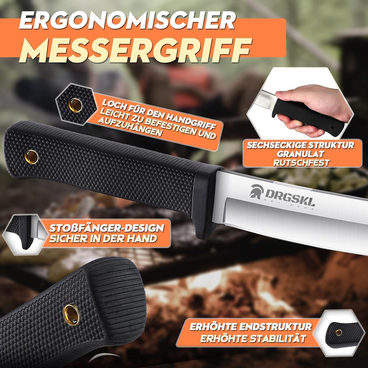 DRGSKL Recon Tanto Survival Messer Outdoor Scharfe Dschungel-Jagdmesser Kydexscheide Bushcraft Outdoor-Messer für Camping Messer, Wandern Weihnachtstag Männer Geschenke Schwarz
