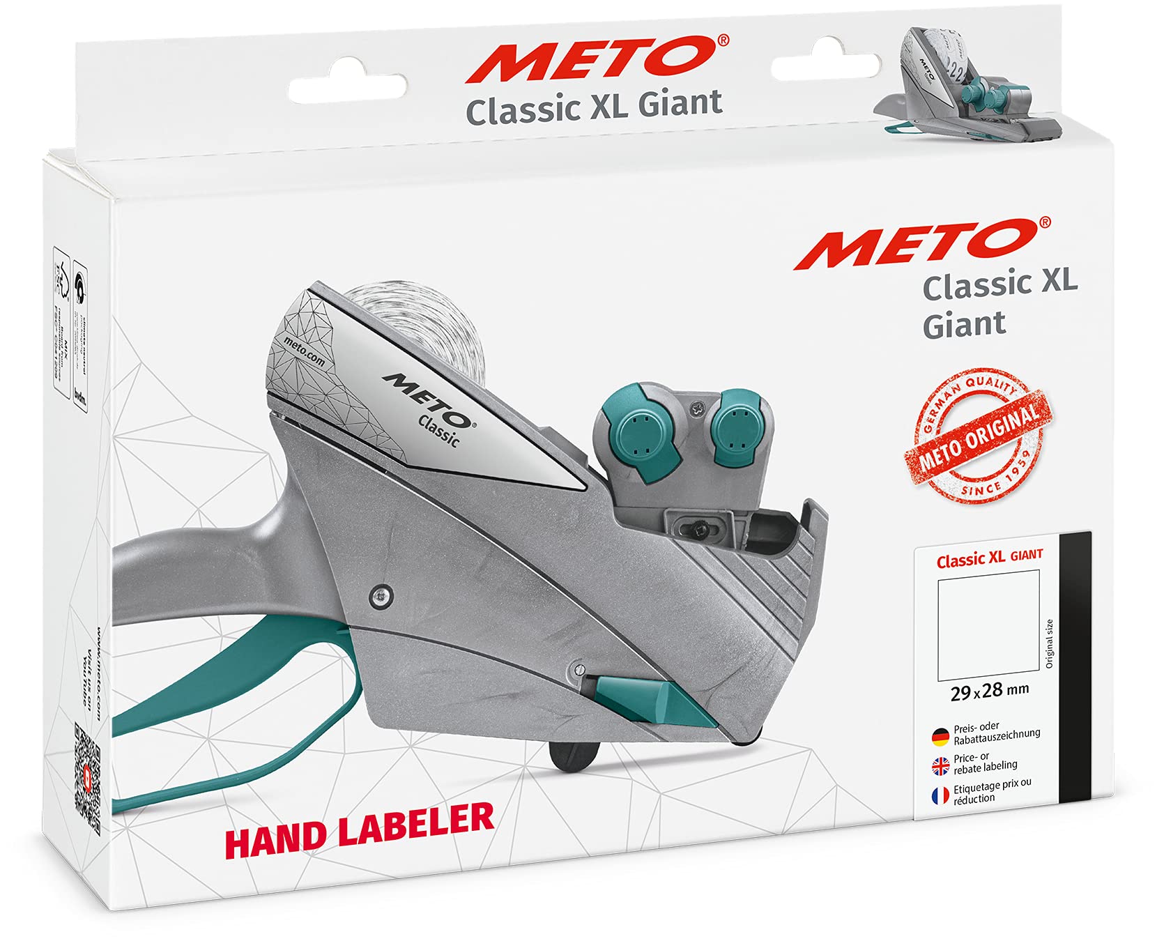 Meto Original Classic XL Giant Preisauszeichner Set – Preis, Rabatt (2-zeilig, 18-stellig für 29 x 28 mm Etiketten, sofort einsatzbereit), 1x Handauszeichner, Silber-Teal