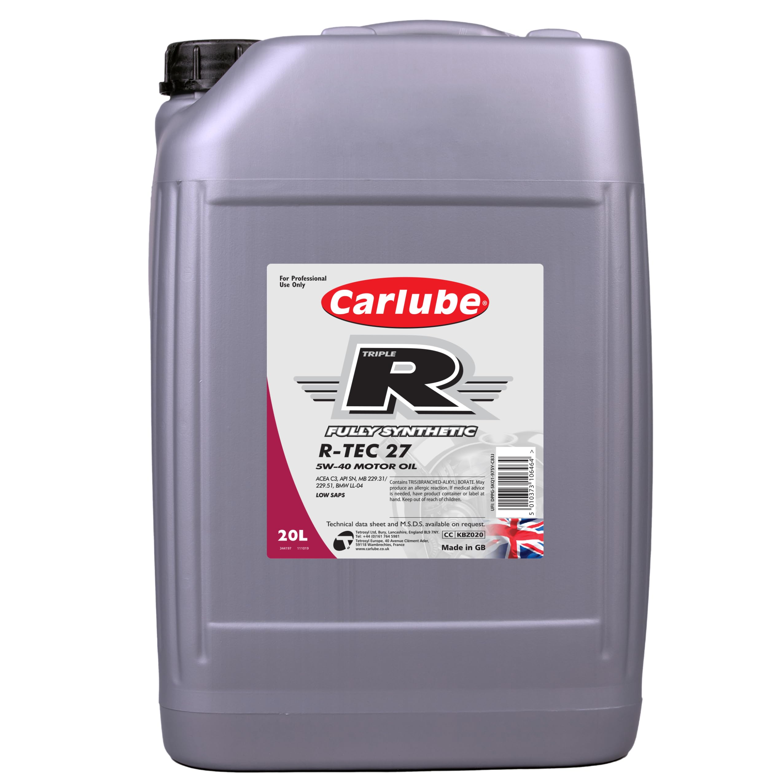 Carlube Engine Oil Triple R 5W40 C3 Low Saps Fully Synthetic Rtec 27 20L from B&Q