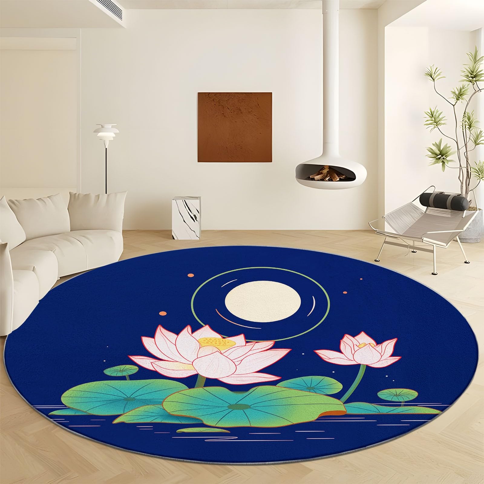 Générique Bleu Tapis Rond Lavable en Machine 120 cm, Lune Fleurs Lotus - Tapis Rond imprimé antidérapant à Poils Courts pour Salon, Chambre d'enfant, décoration de Chambre