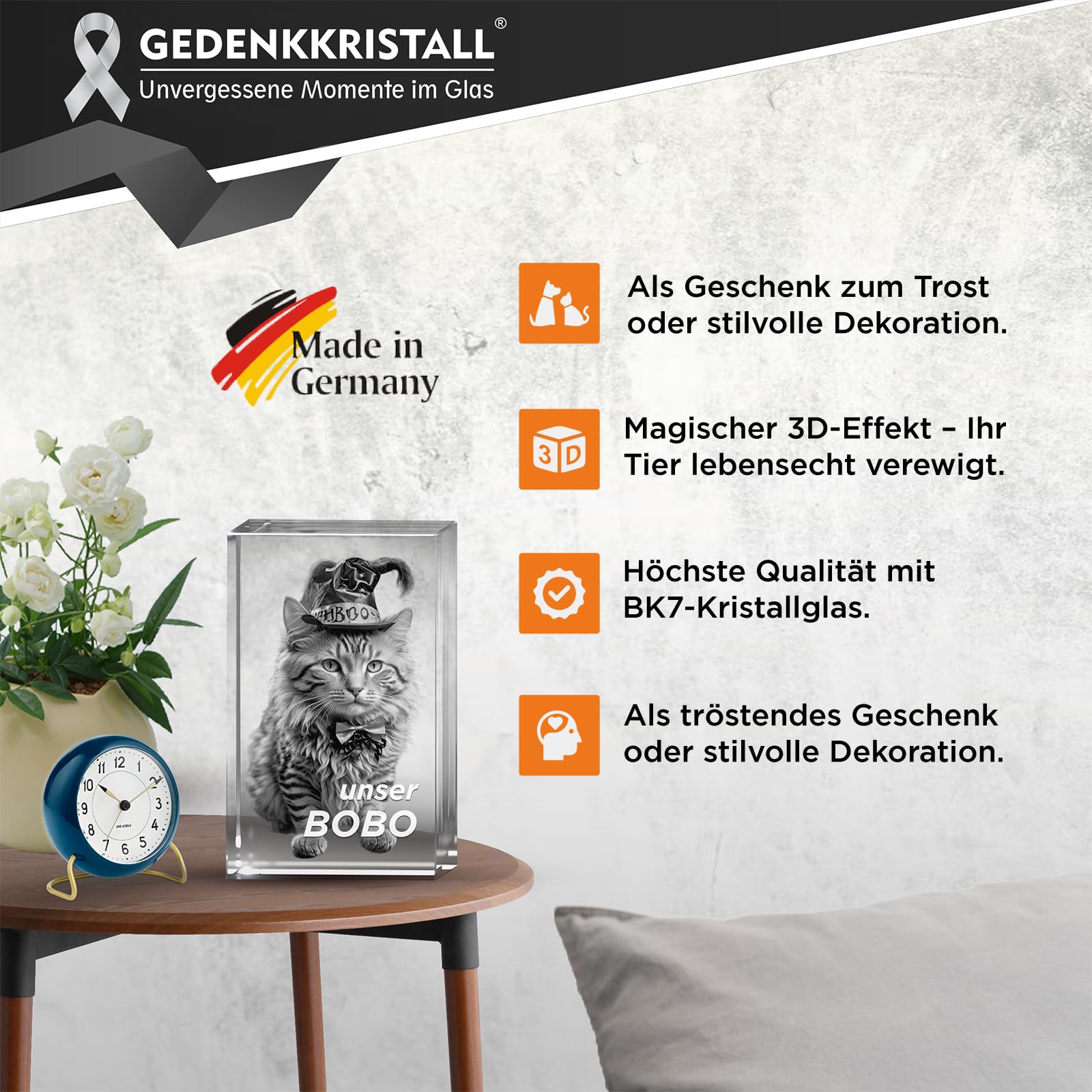 3D Foto Glasblock Katze - Personalisiertes Gedenkglas für Haustiere mit Wunschtext Gravur, Abschied nehmen Tiere Hund, Pferd, Hochwertige Lasergravur in Kristallglas Denkmal