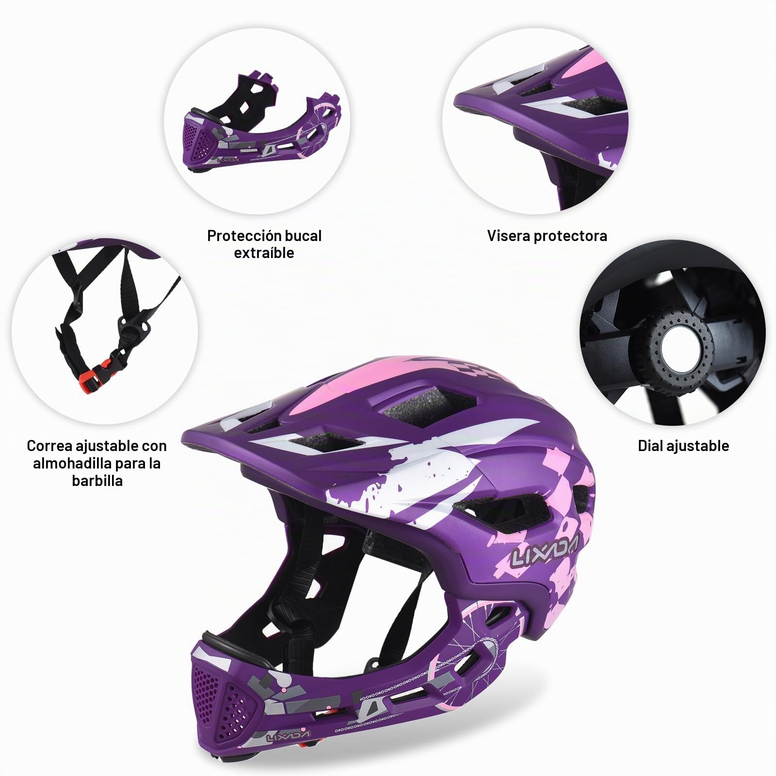Lixada Casco de bicicleta infantil de cara completa, desmontable, unisex, 52-56 cm, casco infantil 2 en 1, tamaño ajustable, con protector de barbilla extraíble, para bicicletas, monopatines