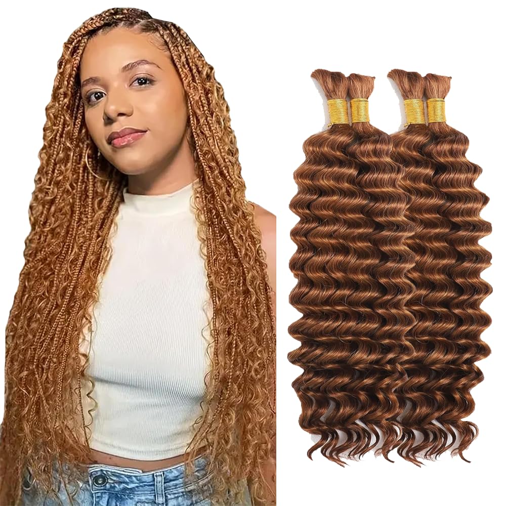 Tuheerst #30 Light Brown Color 32 32 32 32 Inch Boho Braids Human Hair Extension No Weft Knotless 50g/Bundle Total 200g Deep Wave Human Braiding Hair For Women