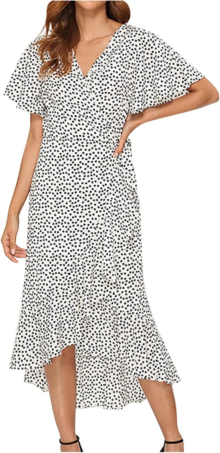 Ydsxlp Women's Summer Dress, Polka Dot Print, V-Neck, Casual Tunic Dress, Elegant Short Sleeve Blouse Dress, Summer Party Dress, Beach Dress, High Waist, A-line Swing Dress, Mini Dress with Belt