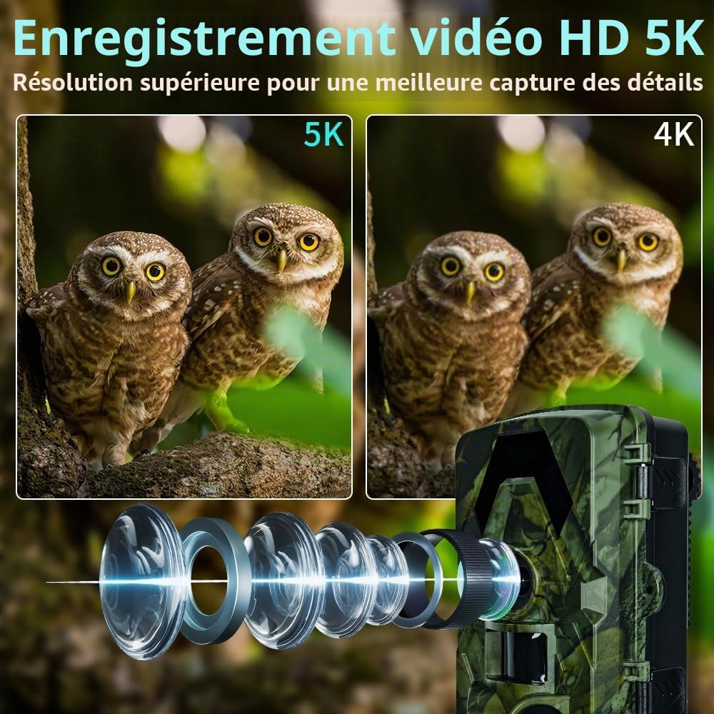 Caméra de faune, Caméra de faune 5K 60MP, Caméra de chasse grand angle de 30m 130, Temps de déclenchement de 0,05s, Vision nocturne, Capteur de mouvement, Étanche IP66, Pas de scintillement, LED