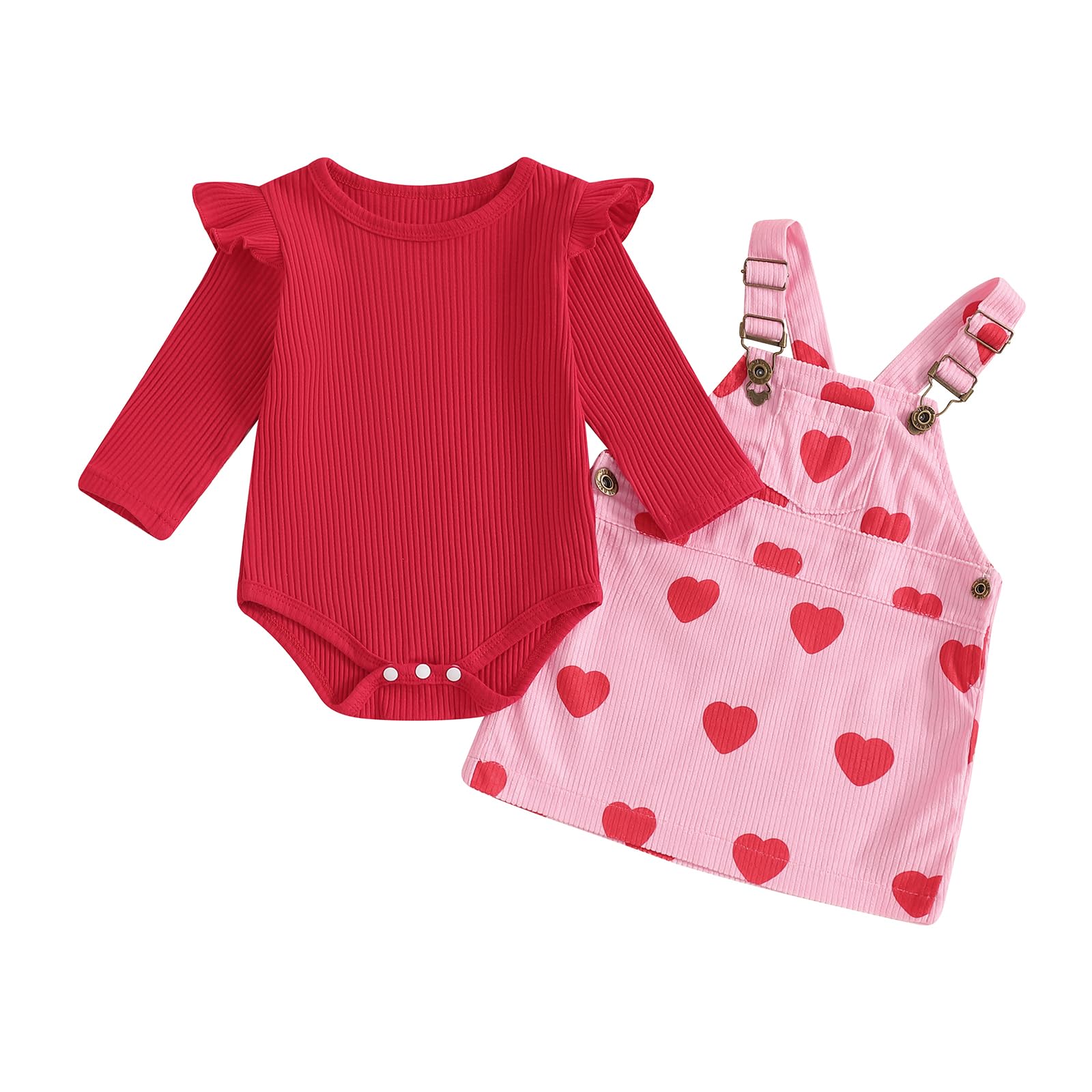 Karuedoo Newborn Baby Girl Valentines Outfit Ruffle Long Sleeve Romper Corduroy Suspender Skirt Overall Dress Set(Red,18-24 Months)
