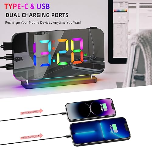 Miniatura 7 de Projection Alarm Clock for Bedroom Ceiling,RGB Digital Clocks Radio with 10 Colors RGB Night Light,Loud Alarm Clock for Heavy Sleepers,USB C Charger