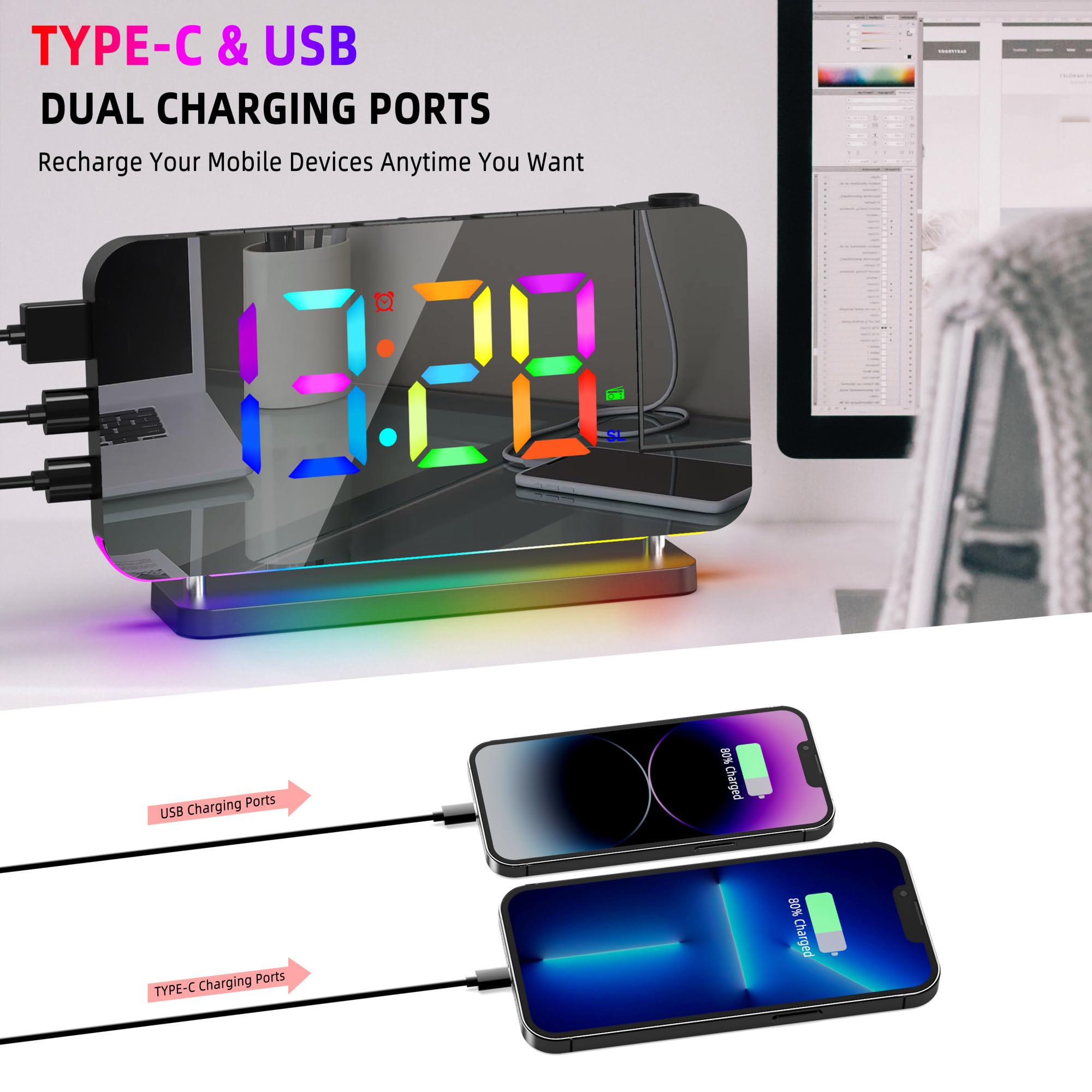Sveglia Proiezione Specchio 11 RGB 10 Colori Luce Notturna LED Orologio da Scrivania