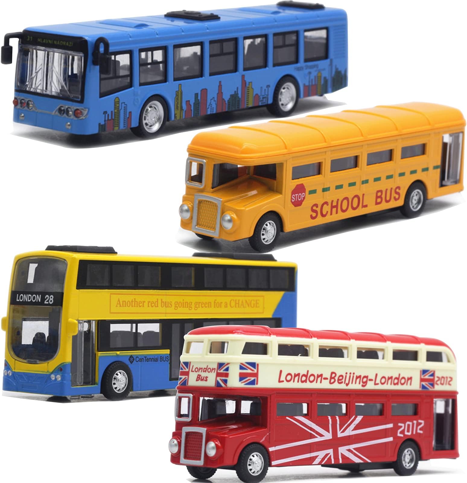 OTONOPI Bus Toys Pull Back School Bus Double Decker London Vehicles City Sightseeing Tour Bus Die Cast Metal Toy Cars Friction Powered Play Vehicle Toy Set for Kids 4 Pack