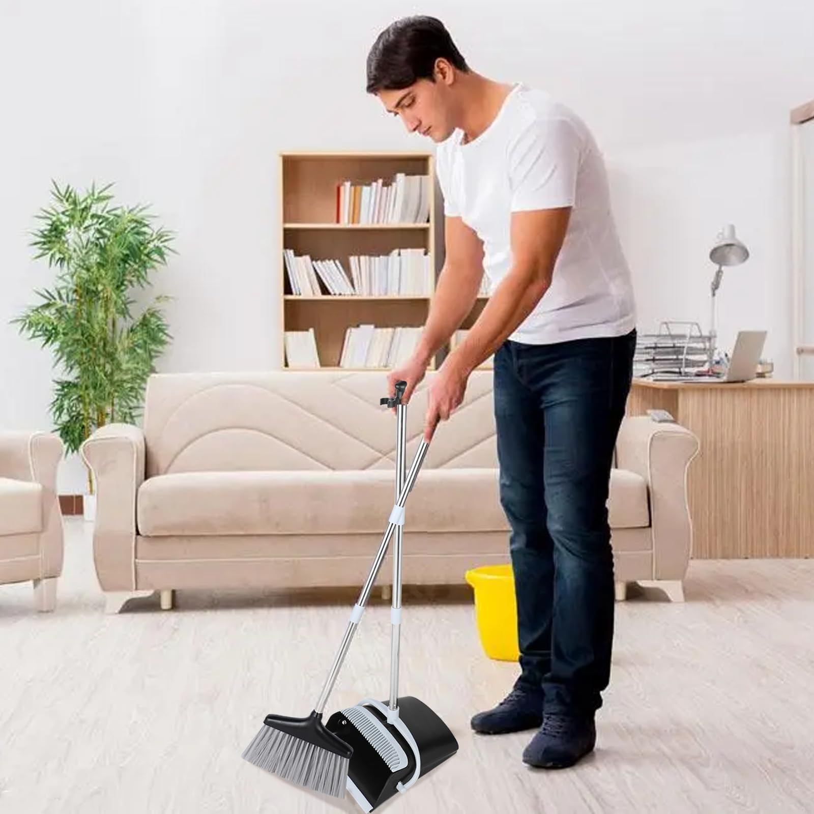 Escoba y Recogedor Plegable 138 cm Plástico Acero Inoxidable Mango Telescópico 8 Piezas Negro Blanco