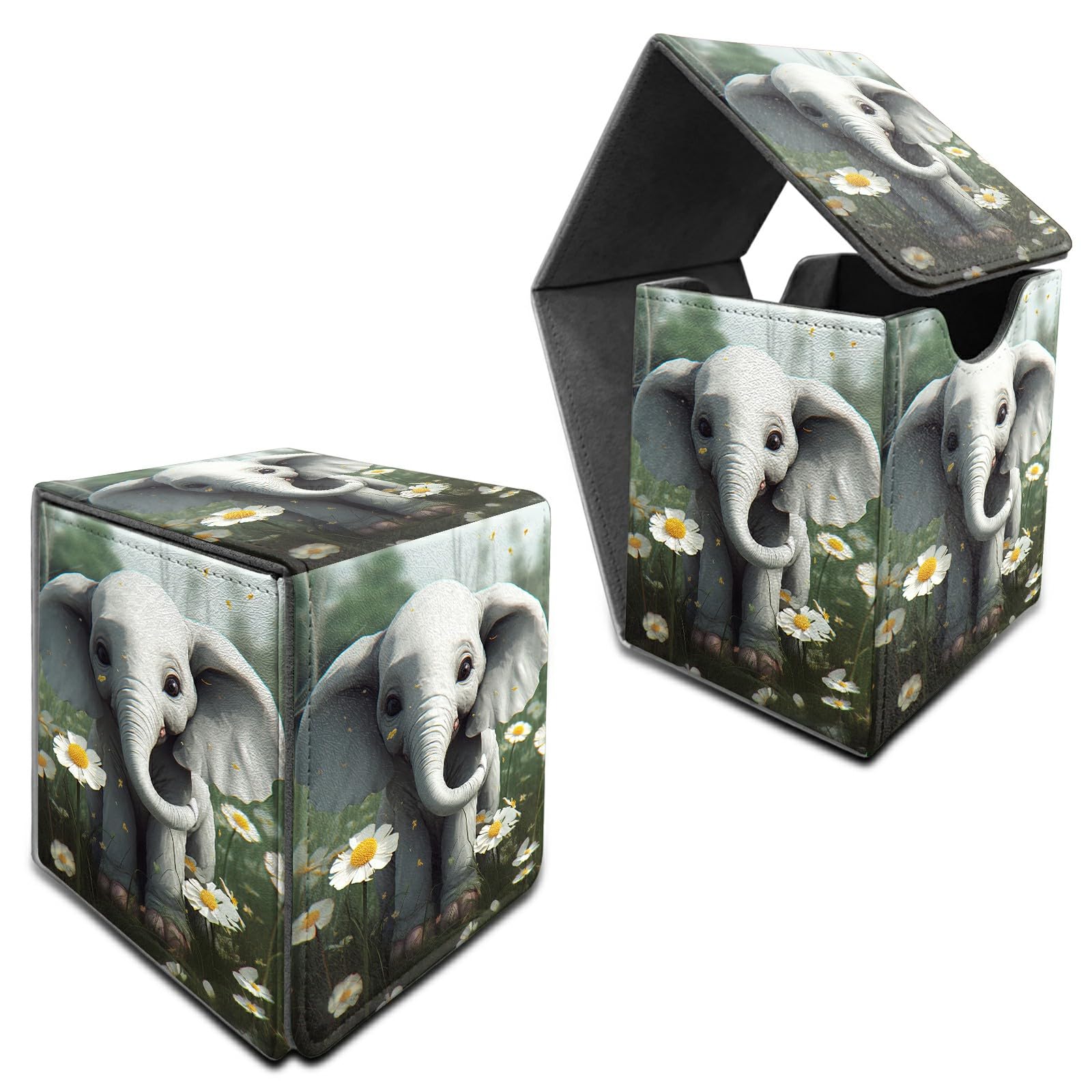 RWUTYTIUL for MTG Commander Deck Box, Card Storage Box Fits 100+ Sleeved Cards, PU Leather Large Size Strong Magnet Card Deck Case Holder for Board Game Magic MTG TCG CCG, Elephant White Daisy — image 1