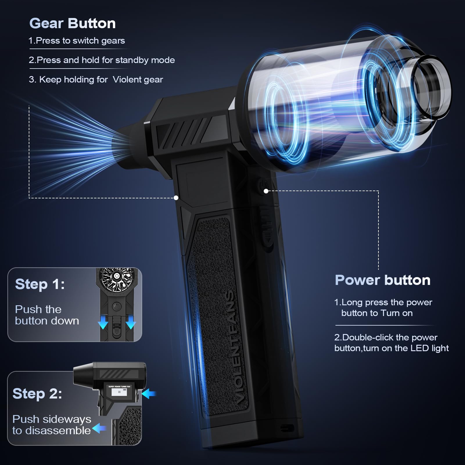 Cordless 2 in 1 Soffiatore Aria Compressa & Aspirapolvere per computer, 150000RPM Aria Compressa Elettrico con Batteria da 8000 mAh, 4 ingranaggi, Luce LED, Turbo Fan per la Pulizia del PC, Divano