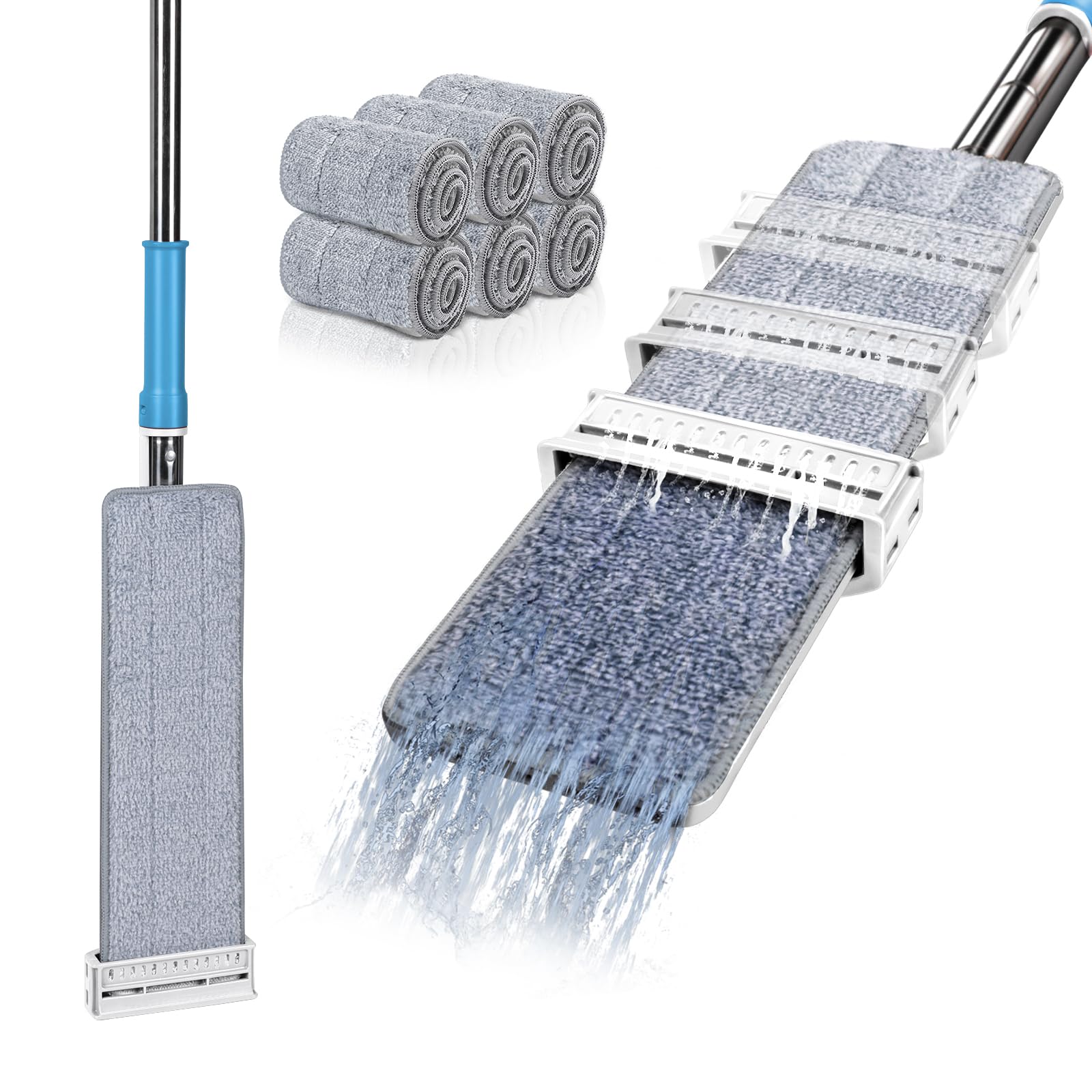 MASTERTOPMicrofibre Floor Mop, Flat Floor Mop with Self Wringing, Hands Free Wet & Dry Mops for Cleaning Hardwood, Tile, Laminate, Marble - White + Blue, Send 6 Reusable Microfibre Pads