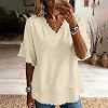 Blusas boho con flecos para mujer, casuales, de algodón y lino, cuello V, manga corta, desgastadas, dobladillo crudo 5