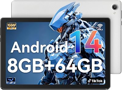 Tablet 10 Inch, Android 14 Tablet with 8GB+64GB+1TB, Face ID & Fast Charging, 5MP+8MP, 5000mAh, WiFi 6 (2.4GHz & 5GHz), Bluetooth 5.3, 1280 * 800 IPS HD Screen(White)