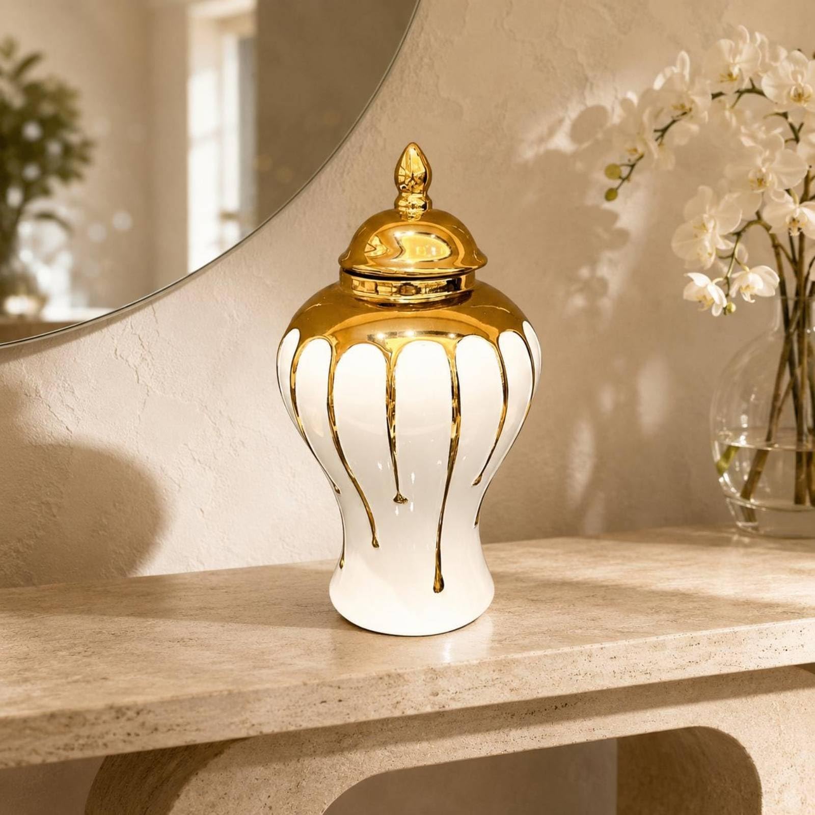 Qianly Dekovase Urnenform Deko Vase Krug Gefäß mit Deckel aus mit Eleganter Finialspitze Und Vertikaler Struktur für Wohnzimmer Kamin Regal Tischdeko, Wassertropfen-Generalgefäß Klein, Gold
