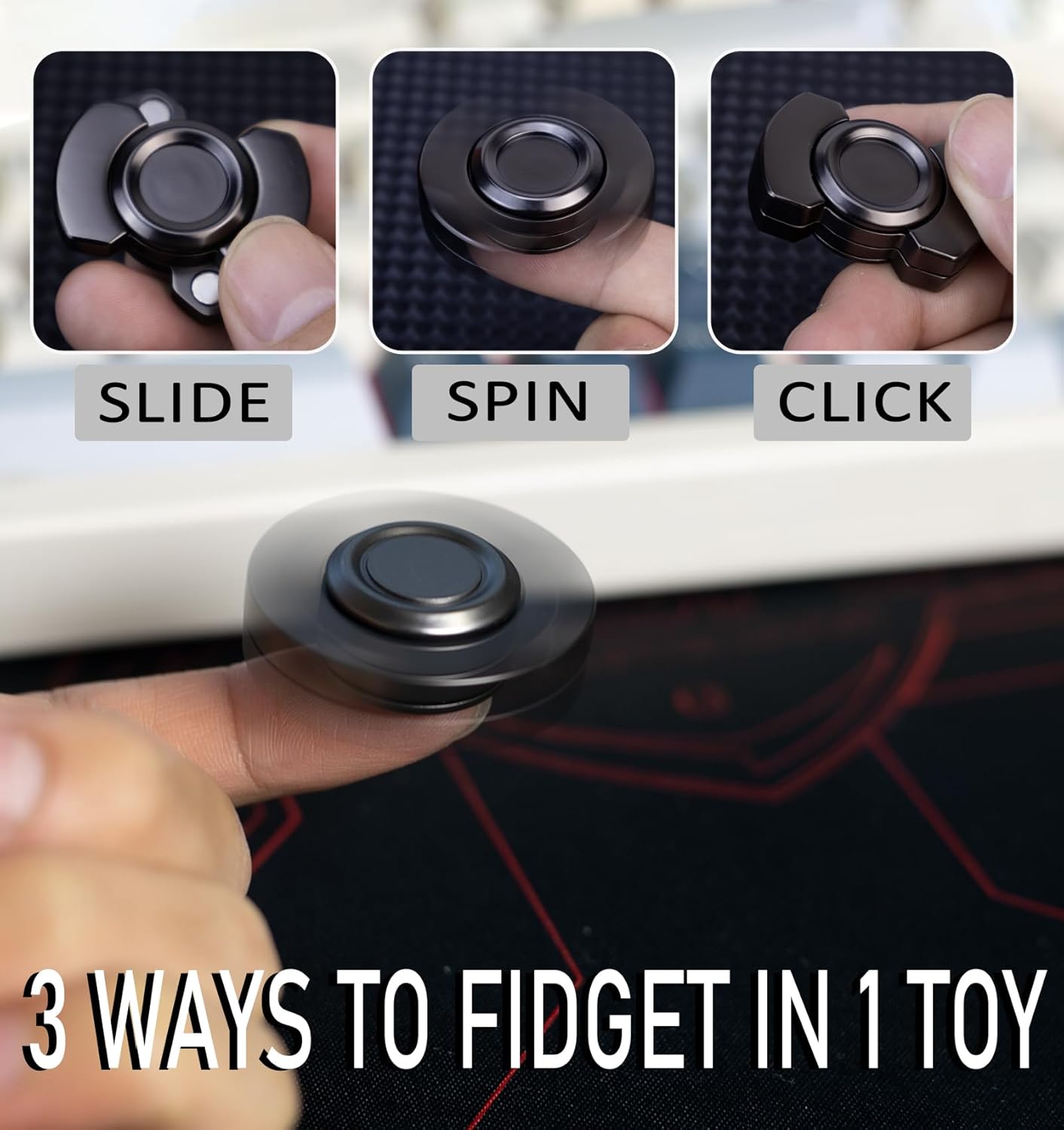 3-in-1 Fidget Spinner, Slider, Clicker| EDC Metal Fidget Toys Adults | Stainless Steel Bearing Stable Spin | Help Relieves Anxiety & Tension | Enhances Focus & Clarity | Compact & Portable, Black