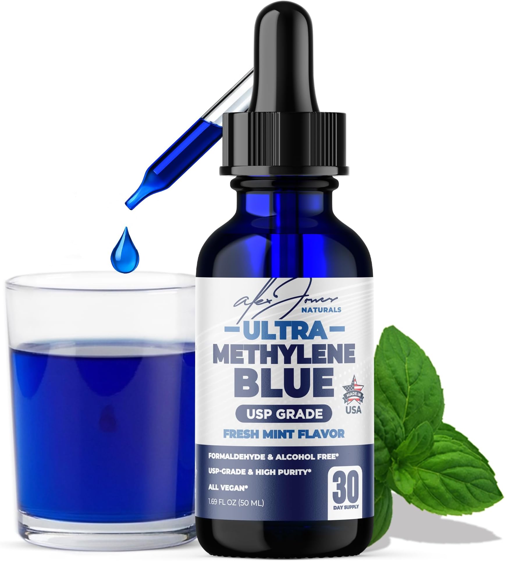 Alex Jones Ultra Methylene Blue Drops 1% USP Grade High Purity Solution โ Fresh Mint Flavored, 50 mL (1.69 fl oz) Dropper Bottle โ Organic Methylene Blue - 30 Day Supply
