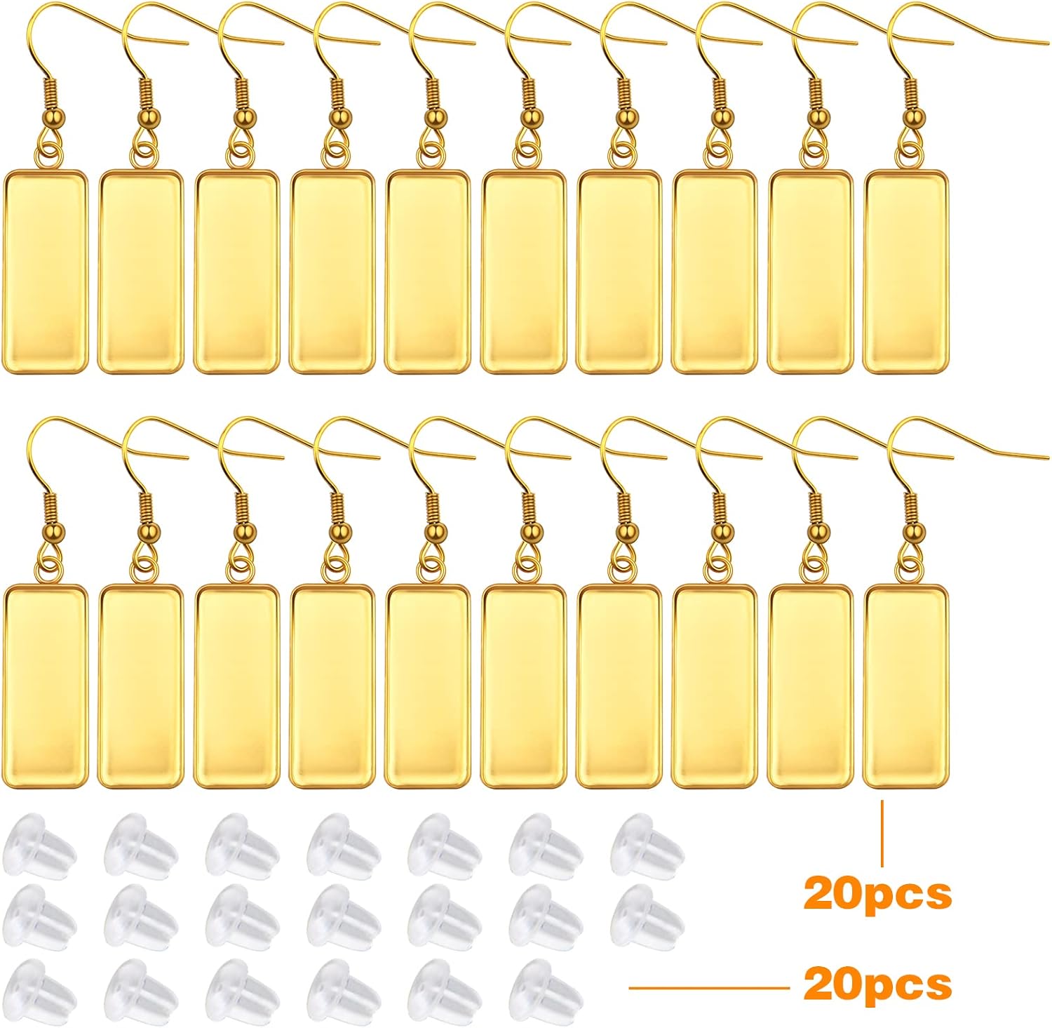 Aylifu 20pcs Stainless Steel Wire Hooks with 10x25mm Blank Rectangle Trays Cabochon Settings Pendant Trays and 20pcs Silicone Earring Stoppers for DIY Crafts Jewelry Making, Golden image 2