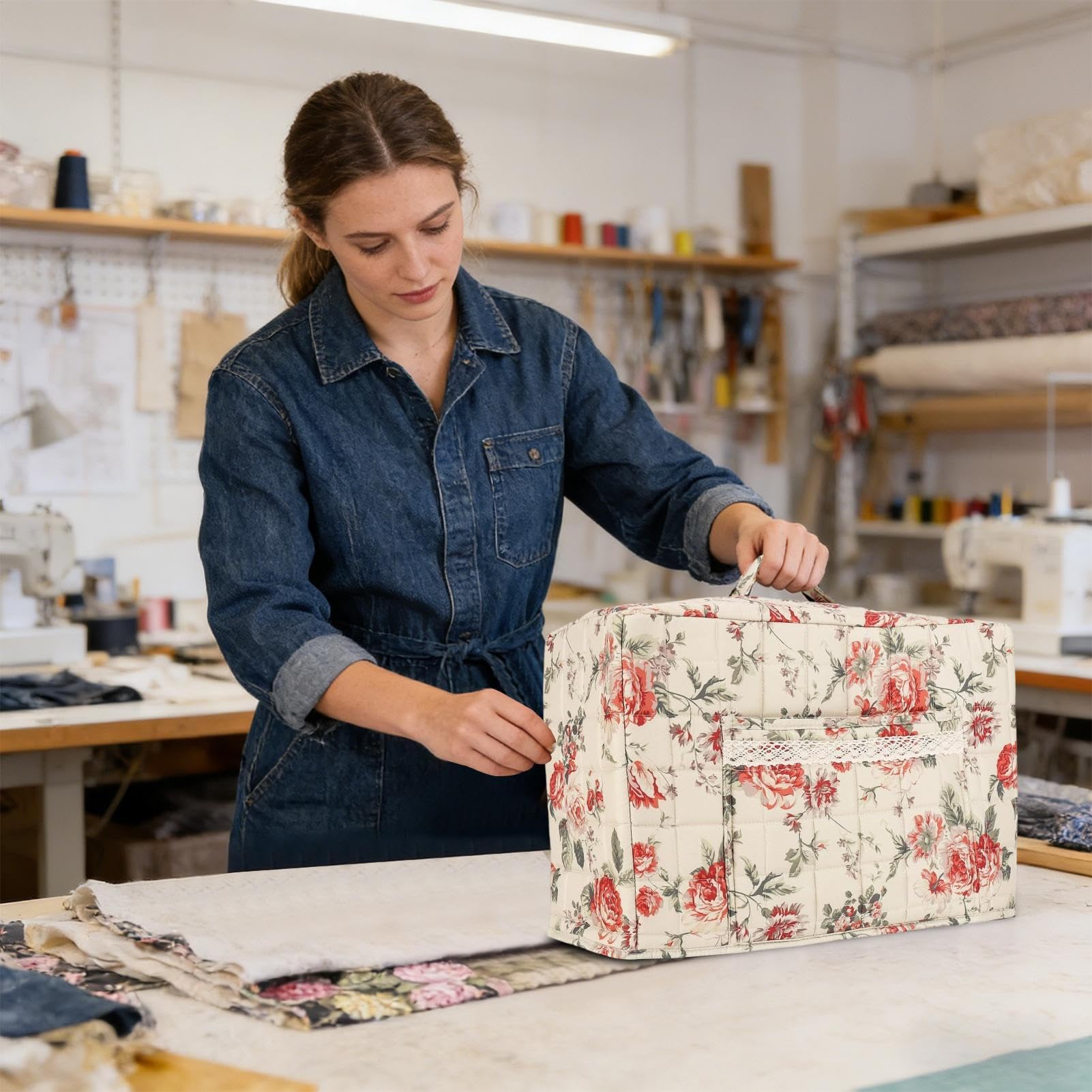 de máquina de coser, de boho para sobredescargadora con protección de máquina de coser doméstica, para viajes interiores y exteriores, taller, casa y estudio, B, Se référer à la