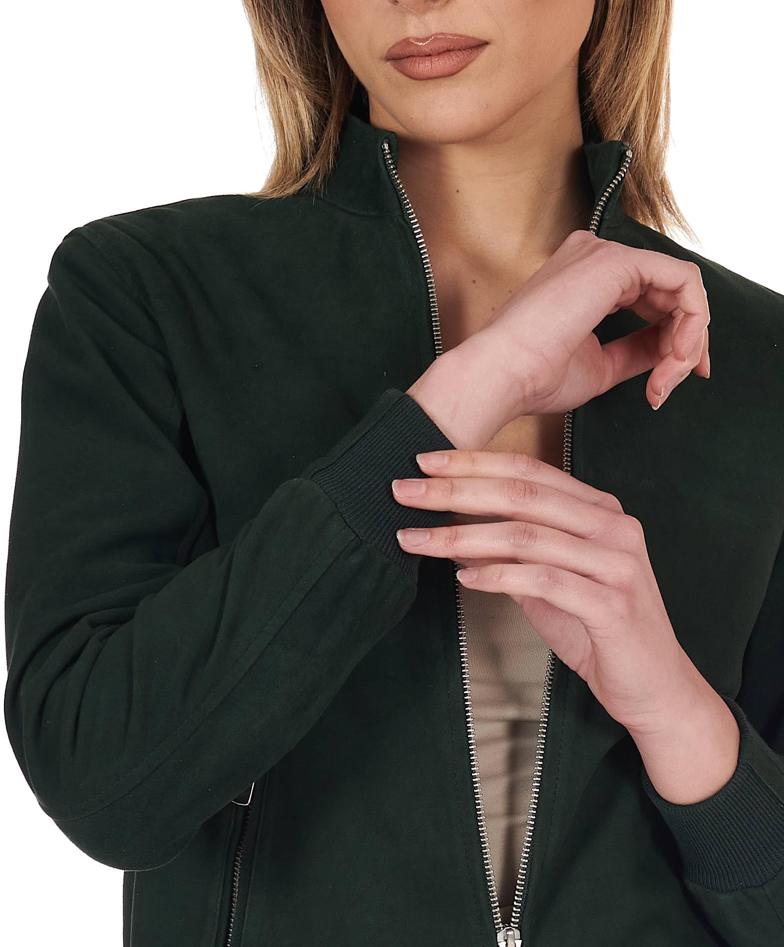 D'Arienzo Bomber Pelle Scamosciata Verde Donna Elastico a Tono Camoscio Vera Pelle G154