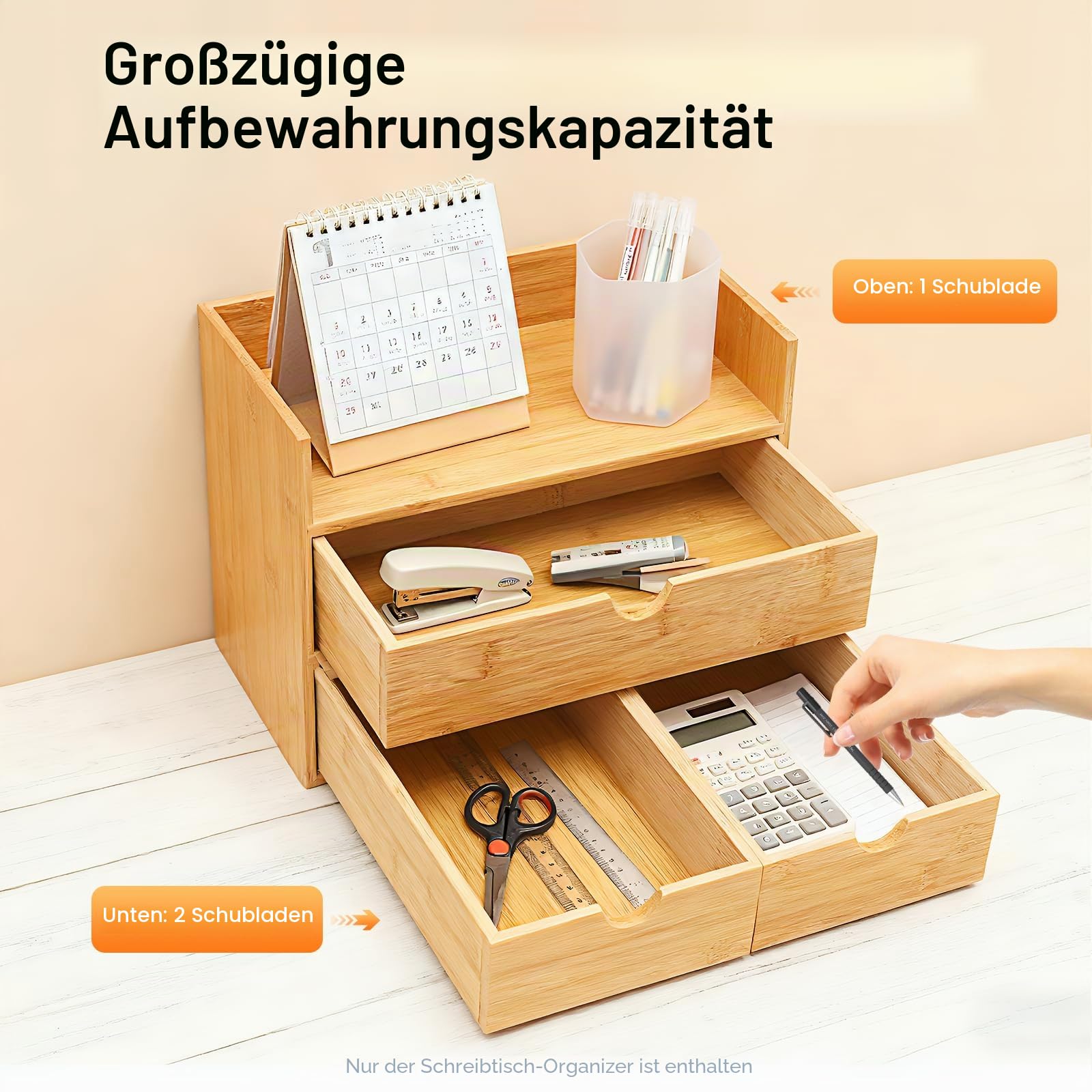 Mini Tischorganizer Schreibtisch Box mit 2/3/4 Schubladen, aus Natürlichem Bambus, Bambus Schreibtisch Organizer, Einteiliges Design, für Büro Wohnzimmer und Schlafzimmer (3 Schubladen)