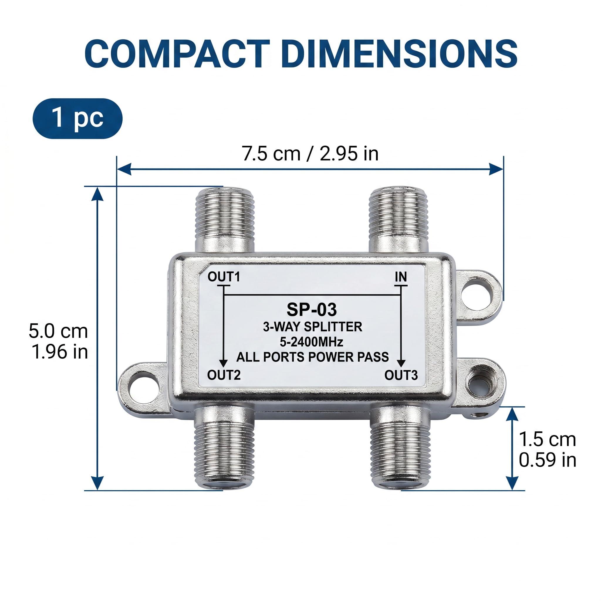 SAT Verteiler 3 Fach, 3 Wege SAT Verteiler F Stecker 5-2400 MHz für DVB-S, DVB-S2, DVB-C, DVB-C2, TV, Radio, Receiver, HDTV UHD 4K kompatibel mit Metallgehäuse, DC Durchgang für Satellitenanlage