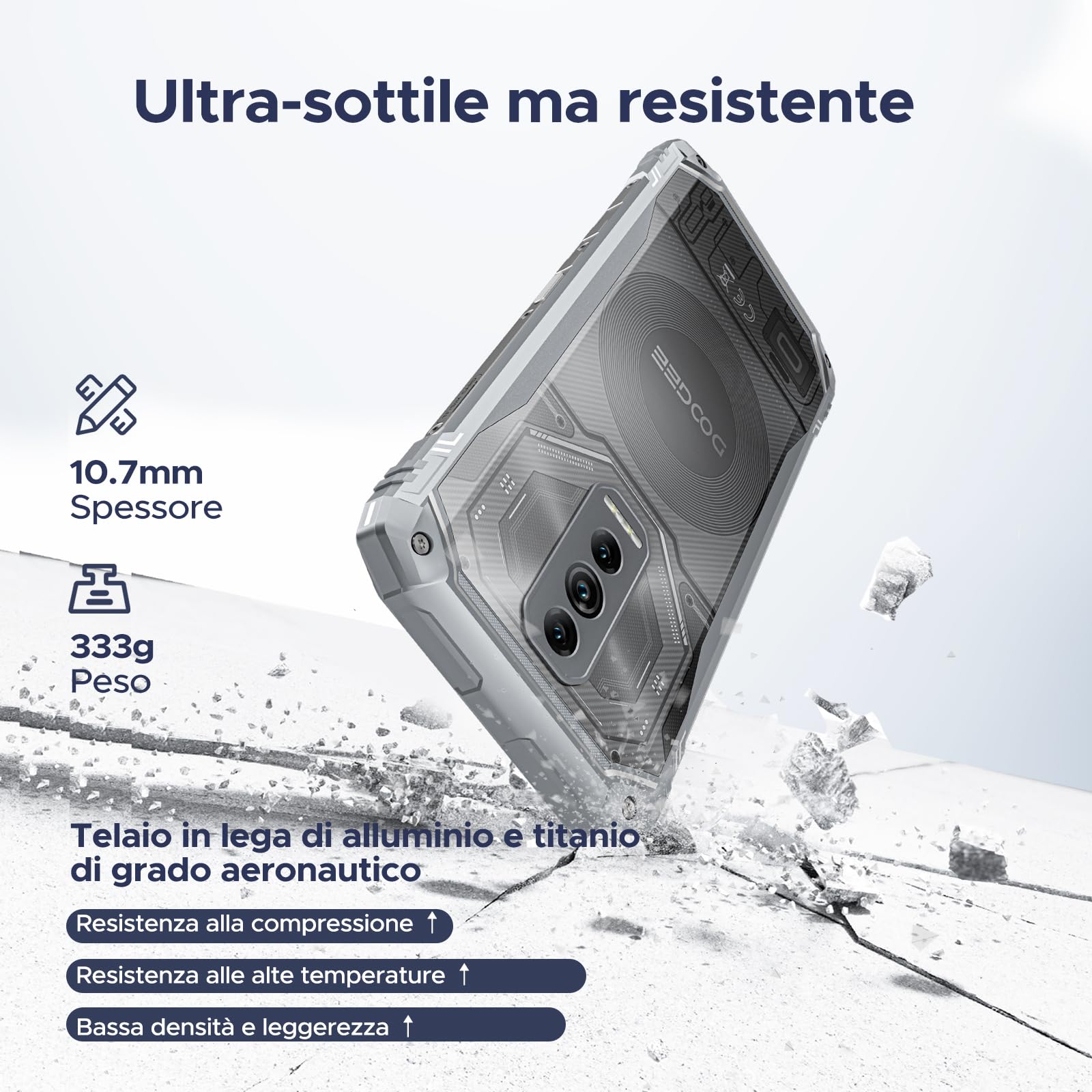 DOOGEE Blade10 ULTRA Energy Rugged Smartphone, 36GB +256GB Android 15, 6150mAh 6.56" HD+ 90Hz, 64MP + 8MP, 10.7mm Telefono Indistruttibile, 3 Schede Slot/IP68/IP69K/NFC/GPS/Face ID- Naturale