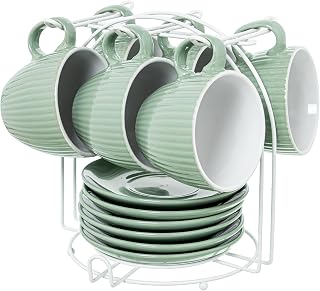 SET 6 TAZAS TE C/PLATO CERAMIC A VERDE MENTA C/SOPORTE METAL