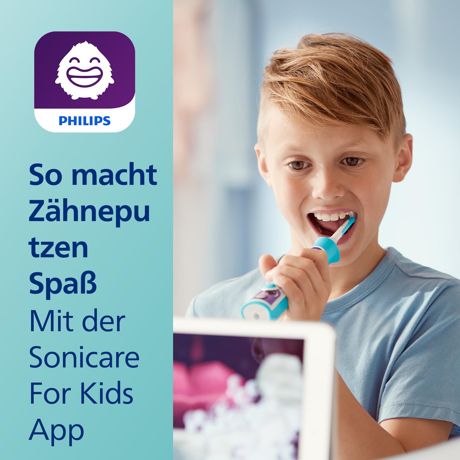 Philips Sonicare For Kids, elektrische Schallzahnbürste mit App, für Kinder ab 3 Jahren, mit SmarTimer und QuadPacer für eine gründliche Reinigung, Türkis, Modell HX6322/04