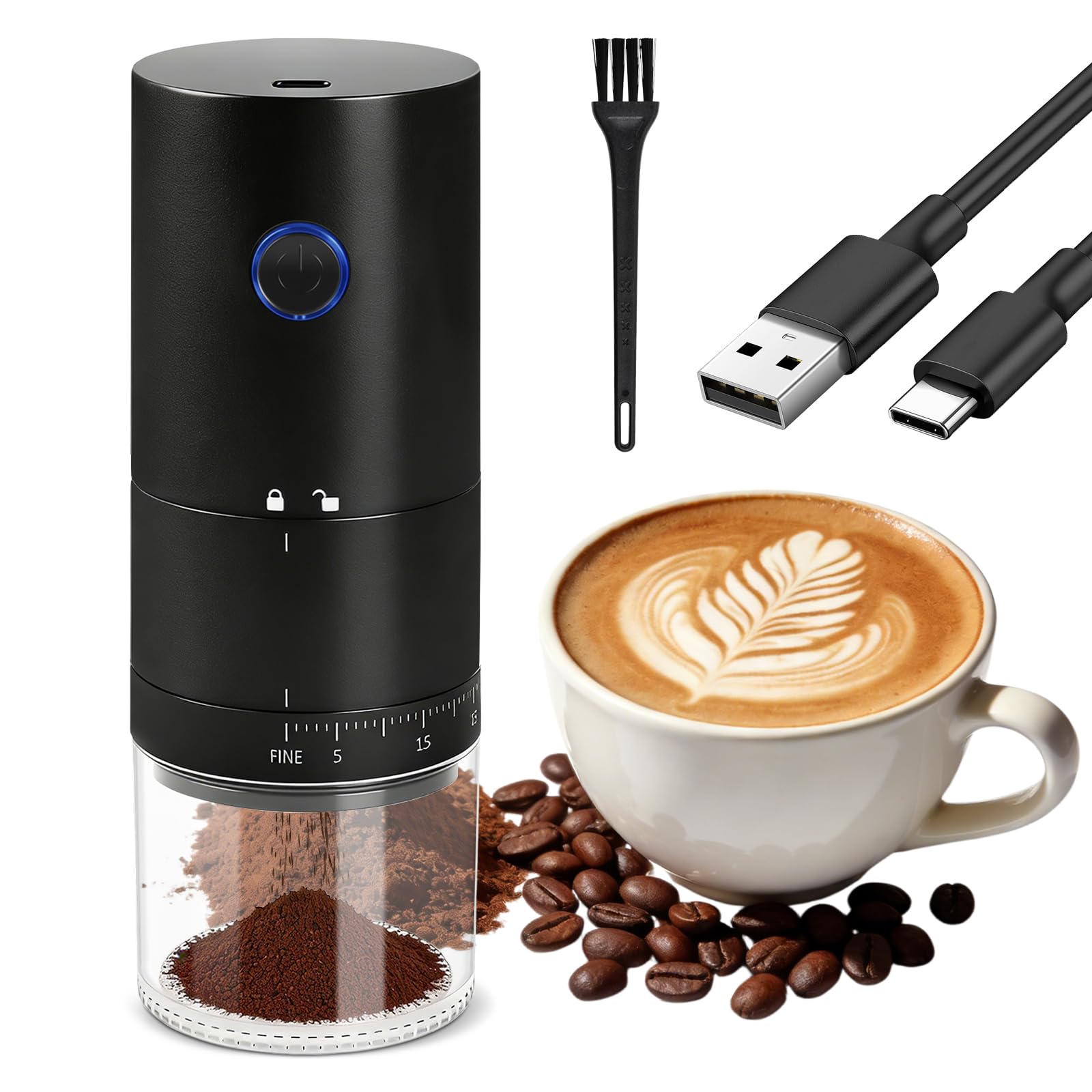 Macinacaffè Elettrico, Coffee Grinder Portatile con 38 Impostazioni Regolabili, USB Ricaricabile, Macina Caffè Granulometria Regolabile per semi e spezie, per Casa Ufficio Viaggi e Campeggio