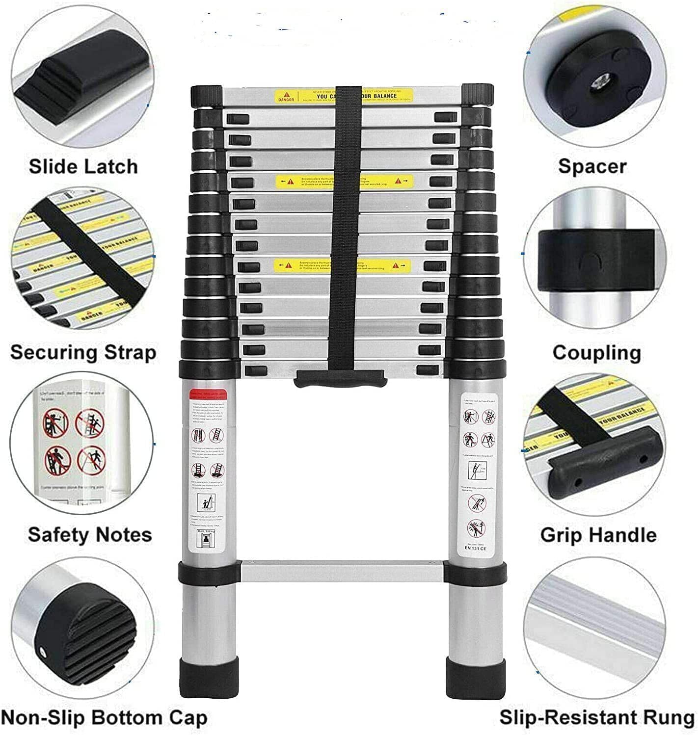Échelle télescopique télescopique en aluminium 5 m avec crochet de toit en aluminium portable multifonction, pliable, portable, résistante et multifonction, extensible