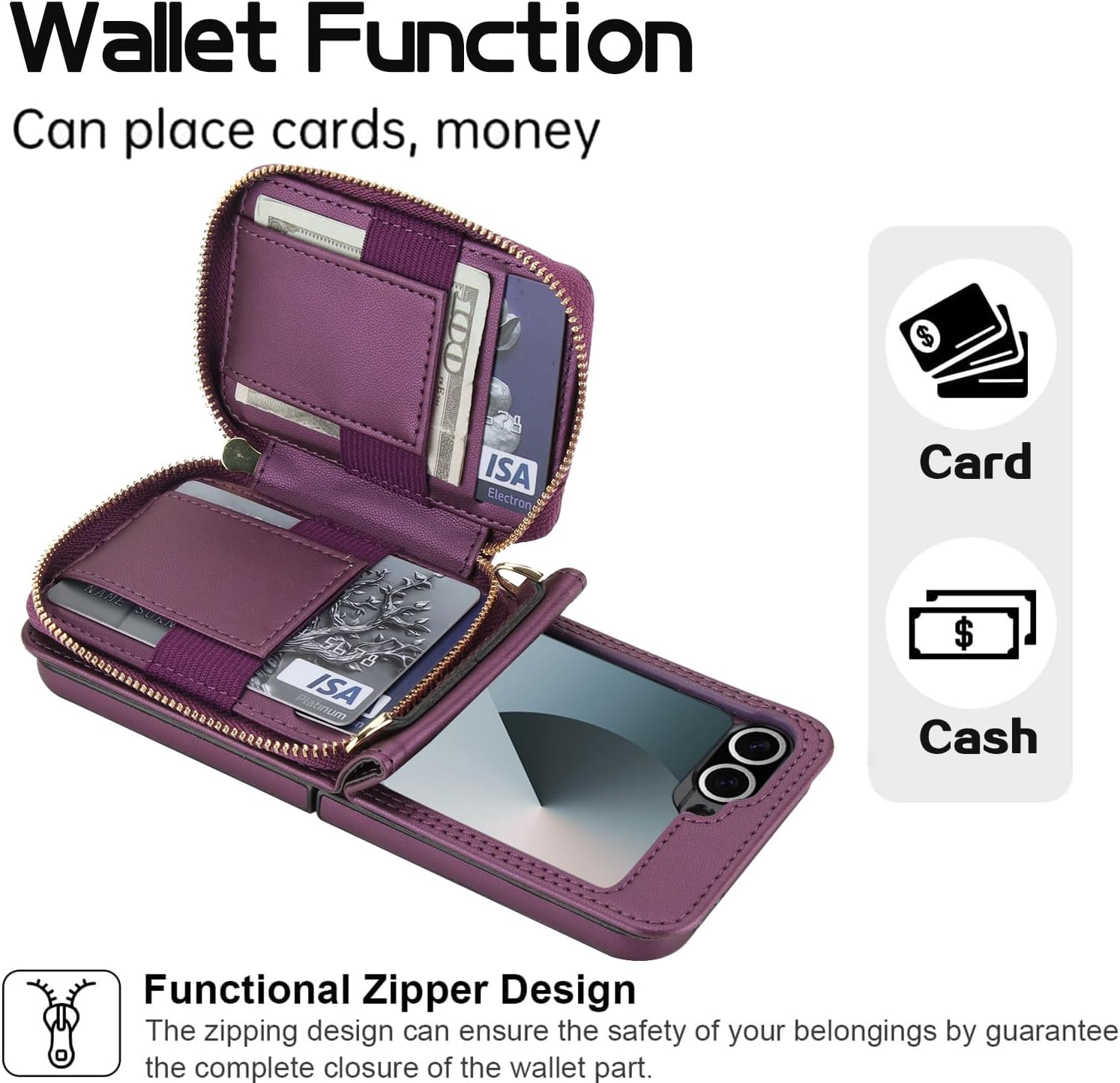 Asuwish Phone Case for Samsung Galaxy Z Flip 6/Z Flip 7 FE 5G Wallet Cell Cover with Wrist Crossbody Strap Stand RFID Blocking Credit Card Holder Slot Z6 G Flip6 ZFlip Flip7 Women Girls Dark Purple