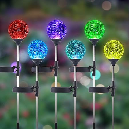 WNP Solar Outdoor Garden Light Decoration,Color-Changing Solar Landscape Ball Stake Lights,6 Pack Solar Powered Light Decorative,Yard Solar Lights Waterproof Cracked Glass Decor Patio Path