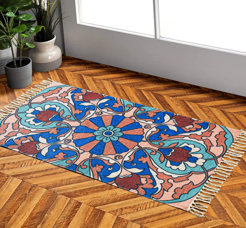 BSB HOME Premium Hand Woven Cotton Printed Durrie | 1500 GSM Printed Aasan/Rug/Durries with Tassels for Living Room, Bedroom, Runner, Pooja Room, Entrance| 27x45 inches or 2.25x3.75 ft, Blue & Beige-picture-14