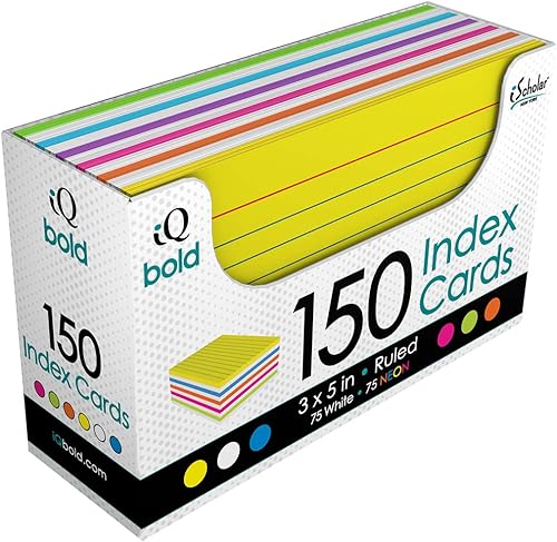 iScholar iQ Bold - Bandeja para tarjetas de índice, colores surtidos, 150 tarjetas a rayas, 3 x 5 pulgadas (03150)