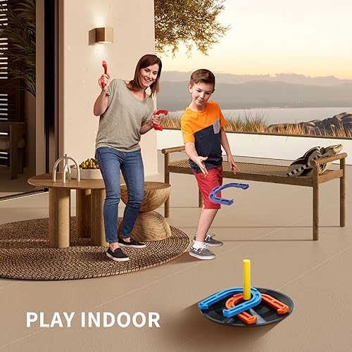 Miniatura 4 de El juego de herraduras de goma para interiores y exteriores incluye 4 herraduras, 2 clavijas, 2 alfombrillas de goma, 2 tacos de plástico rojo,