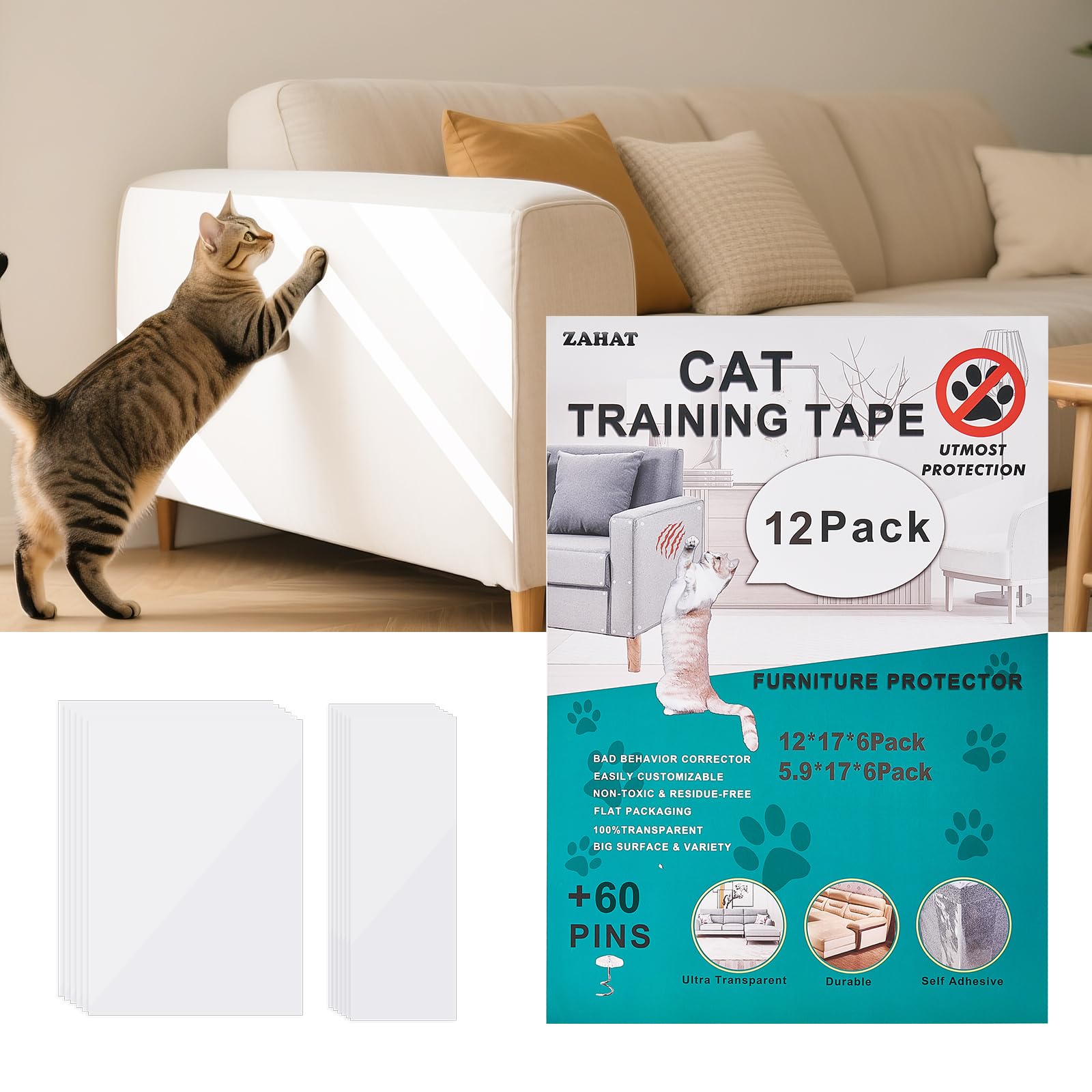 ZAHAT 12 Pack Cat Scratch Furniture Protector – Couch Protector from Cat Claws, Durable Anti-Scratch Sofa Covers for Pets, Protect Furniture from