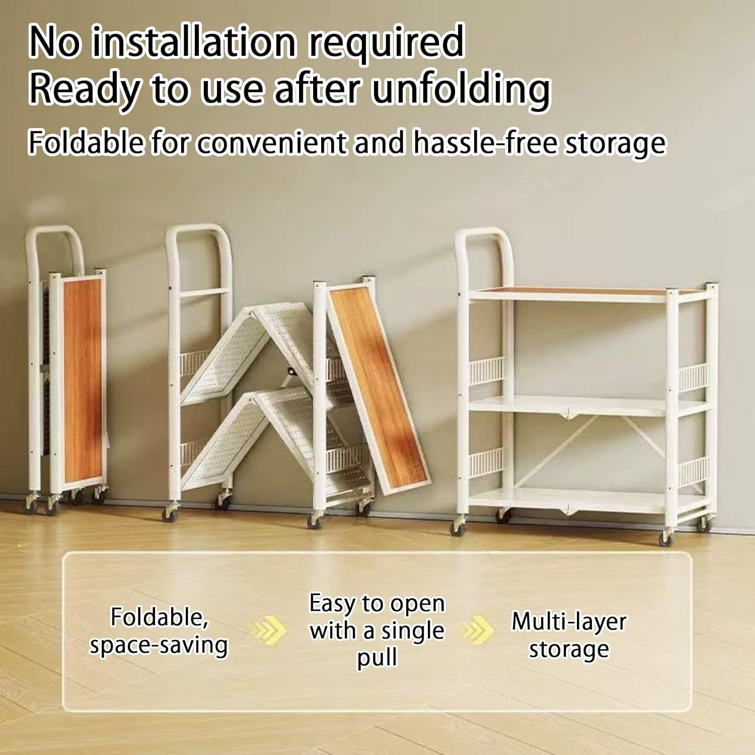 3-Tier Metal Folding Storage Rack with Wheels - Utility Cart Organizer for Snacks, Books, and Fruits - Versatile for Kitchen, Laundry Room, and Bathroom