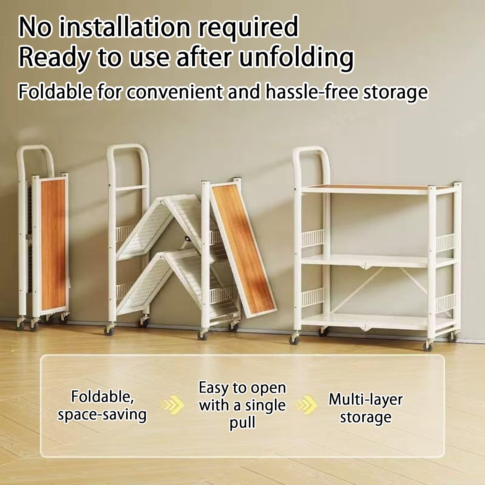 Carrello Cucina a 3 Ripiani in Metallo, Carrello da Cucina con Maniglia e Ruote, Scaffale Cucina Salvaspazio Organizzatore per Snack Libri Frutta Lavanderia o Bagno(Bianco,60cm/23.6in)